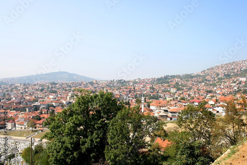 Aerial view of Sarajevo, Bosnia and Herzegovina, from Yellow Fortress on sunny day.