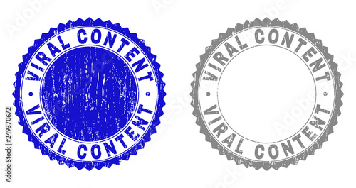 Grunge VIRAL CONTENT stamp seals isolated on a white background. Rosette seals with grunge texture in blue and grey colors. Vector rubber stamp imprint of VIRAL CONTENT label inside round rosette.