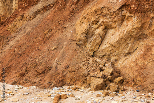 Landslide zone on Black Sea coast. Rock of sea rock shell. Zone of natural disasters during rainy season. Large masses of earth slip along slope of hill, destroy houses. Landslide - threat to life