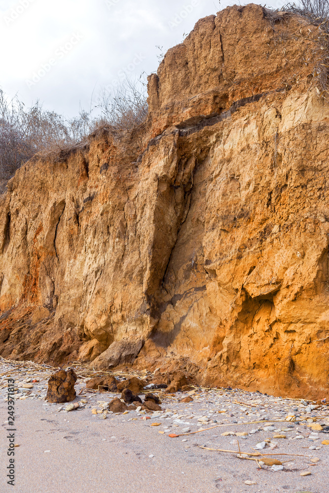 Landslide zone on Black Sea coast. Rock of sea rock shell. Zone of natural disasters during rainy season. Large masses of earth slip along slope of hill, destroy houses. Landslide - threat to life Landslide zone on Black Sea coast. Rock of sea rock shell. Zone of natural disasters during rainy season. Large masses of earth slip along slope of hill, destroy houses. Landslide - threat to life