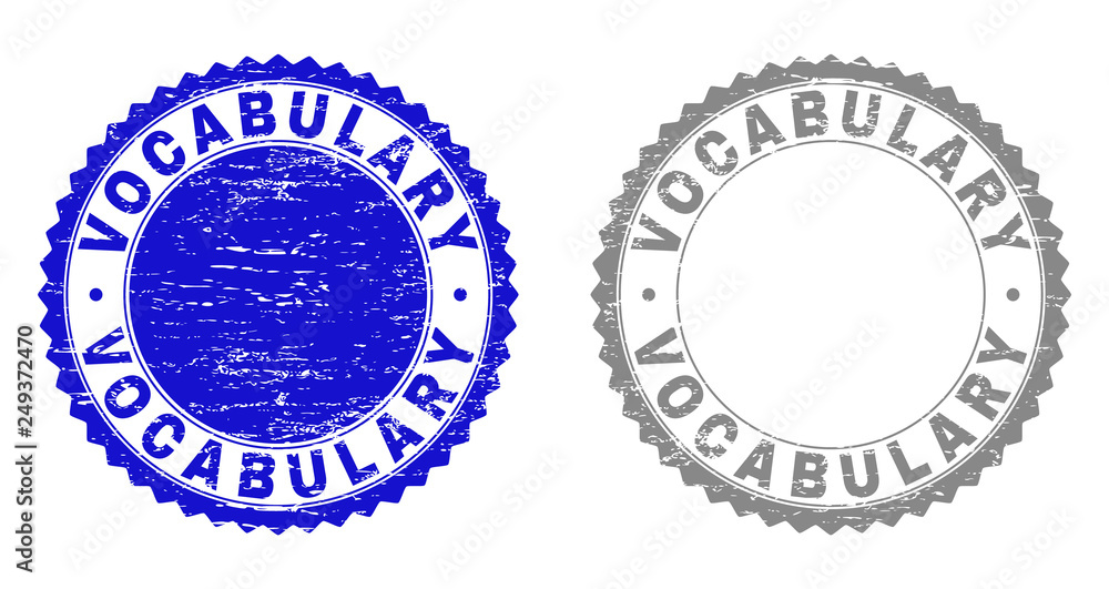 Obraz premium Grunge VOCABULARY stamp seals isolated on a white background. Rosette seals with grunge texture in blue and gray colors. Vector rubber stamp imprint of VOCABULARY text inside round rosette.