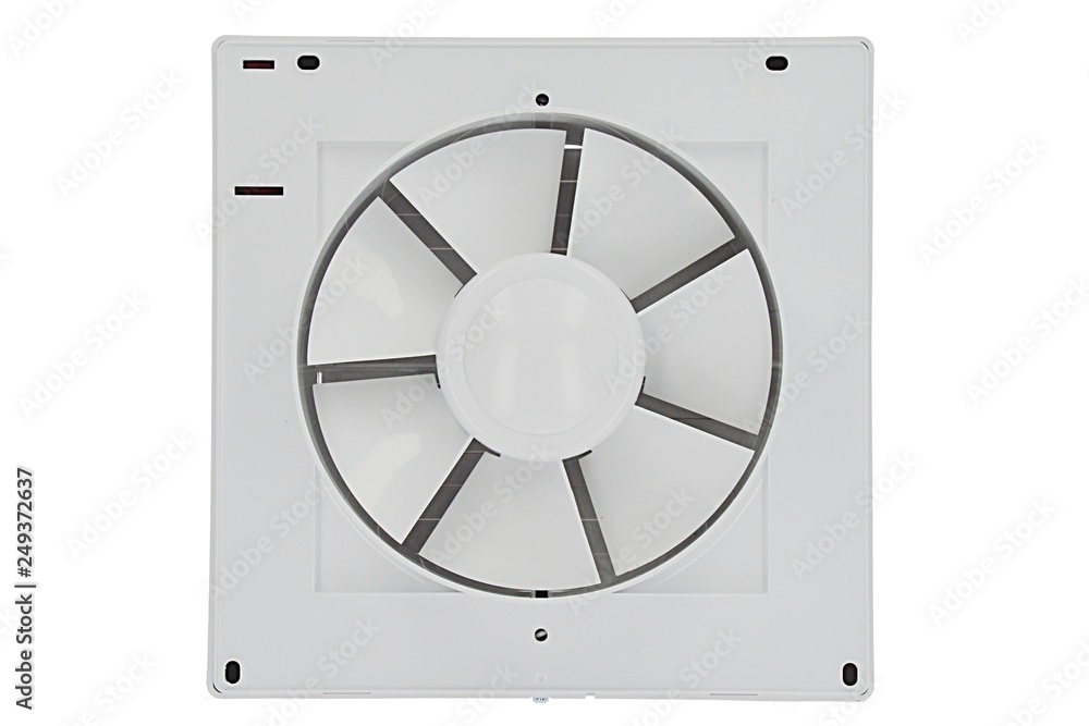 Rear side of axial fan used for ventilation of interiors, especially baths and toilettes, white background Rear side of axial fan used for ventilation of interiors, especially baths and toilettes, white background