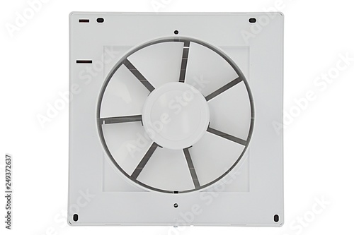 Rear side of axial fan used for ventilation of interiors, especially baths and toilettes, white background