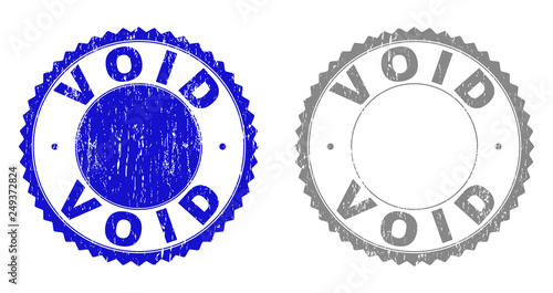 Grunge VOID stamp seals isolated on a white background. Rosette seals with distress texture in blue and grey colors. Vector rubber stamp imprint of VOID text inside round rosette.