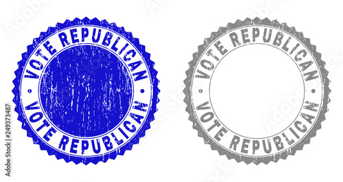 Grunge VOTE REPUBLICAN stamp seals isolated on a white background. Rosette seals with grunge texture in blue and grey colors. Vector rubber stamp imprint of VOTE REPUBLICAN title inside round rosette.