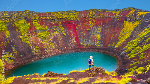 Fotografie, Obraz Famous colorful and dangerous Kerid volcanic crater with lake inside on Iceland
