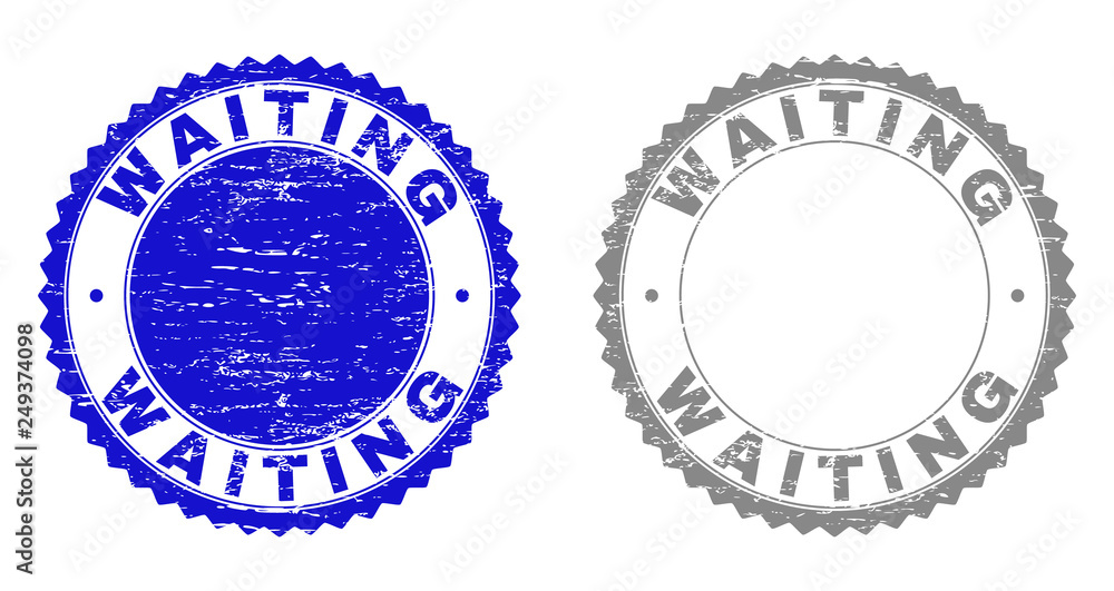 Grunge WAITING stamp seals isolated on a white background. Rosette seals with grunge texture in blue and gray colors. Vector rubber overlay of WAITING tag inside round rosette. Grunge WAITING stamp seals isolated on a white background. Rosette seals with grunge texture in blue and gray colors. Vector rubber overlay of WAITING tag inside round rosette.