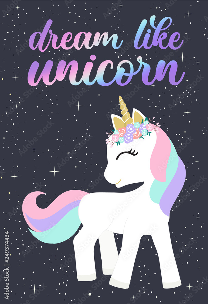 Cute magical unicorn. Handwritten lettering Unicorn Be like unicorn. Unicorn party, Birthday. Hand drawing illustration for children