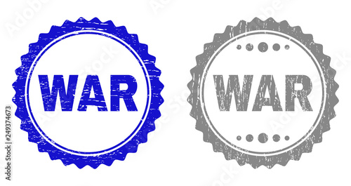 Grunge WAR stamp seals isolated on a white background. Rosette seals with grunge texture in blue and grey colors. Vector rubber stamp imitation of WAR text inside round rosette.