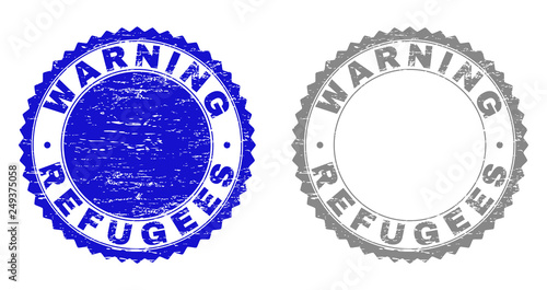 Grunge WARNING REFUGEES stamp seals isolated on a white background. Rosette seals with distress texture in blue and grey colors.