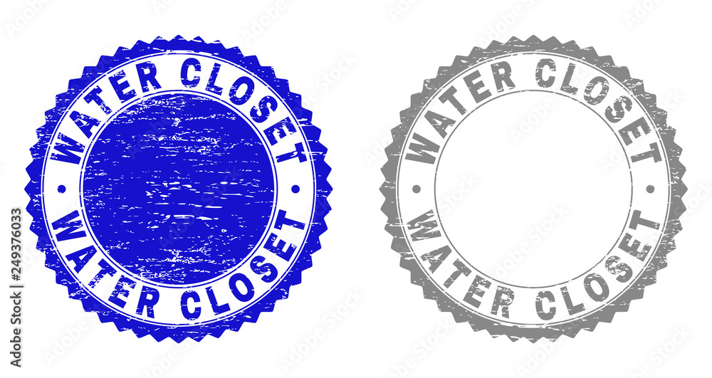 Obraz premium Grunge WATER CLOSET stamp seals isolated on a white background. Rosette seals with grunge texture in blue and gray colors. Vector rubber watermark of WATER CLOSET title inside round rosette.