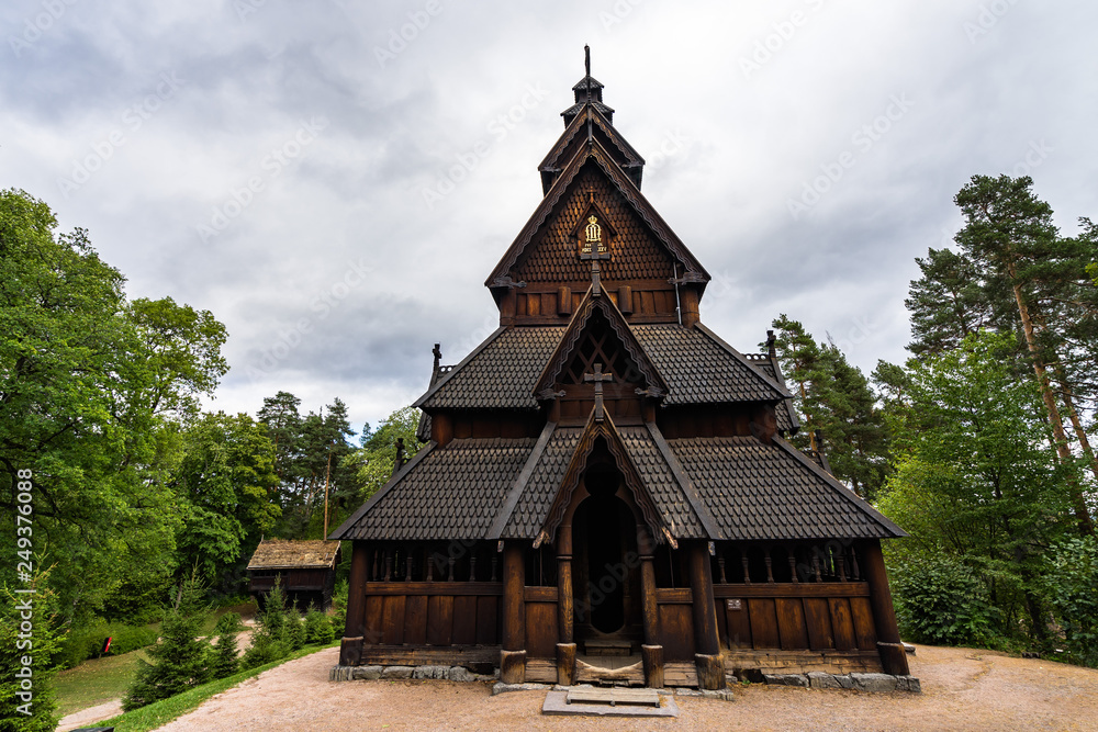 Facade of Gol Stave Church (Gol Stavkyrkje) a typical Norwegian church at Norwegian Museum of Cultural History, Oslo, Norway Facade of Gol Stave Church (Gol Stavkyrkje) a typical Norwegian church at Norwegian Museum of Cultural History, Oslo, Norway
