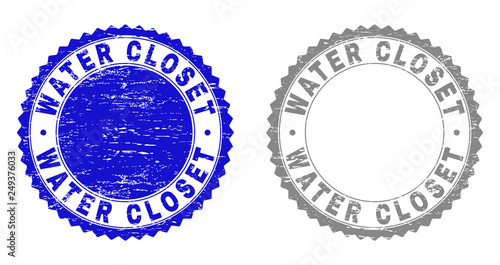Grunge WATER CLOSET stamp seals isolated on a white background. Rosette seals with grunge texture in blue and gray colors. Vector rubber watermark of WATER CLOSET title inside round rosette.