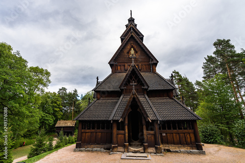 Facade of Gol Stave Church (Gol Stavkyrkje)  a typical Norwegian church at  Norwegian Museum of Cultural History, Oslo, Norway