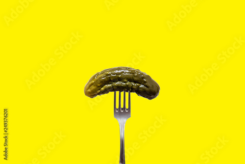 Pickled cucumber on fork photo