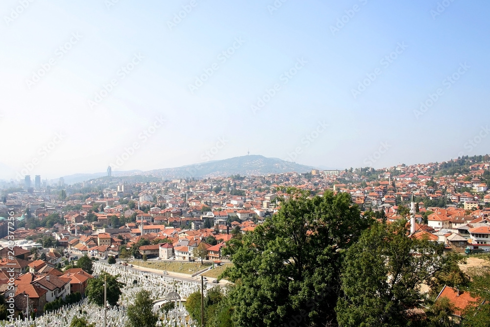 Aerial view of Sarajevo, Bosnia and Herzegovina, from Yellow Fortress on sunny day.