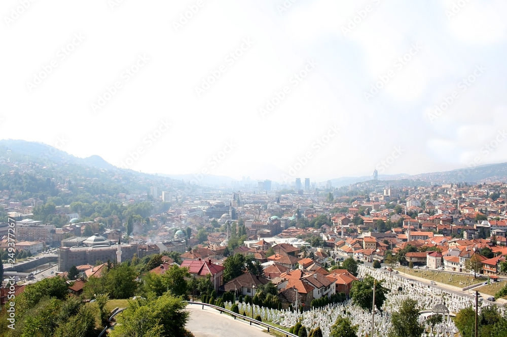 Aerial view of Sarajevo, Bosnia and Herzegovina, from Yellow Fortress on sunny day.