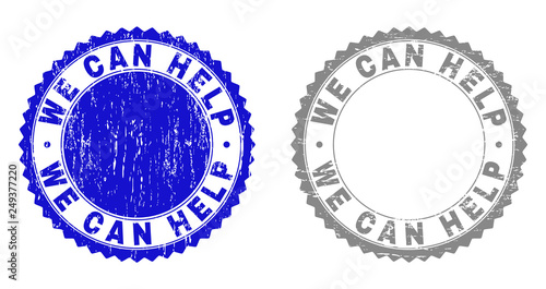 Grunge WE CAN HELP stamp seals isolated on a white background. Rosette seals with grunge texture in blue and grey colors. Vector rubber stamp imprint of WE CAN HELP text inside round rosette.