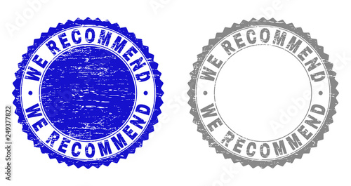 Grunge WE RECOMMEND stamp seals isolated on a white background. Rosette seals with grunge texture in blue and gray colors. Vector rubber stamp imprint of WE RECOMMEND tag inside round rosette.