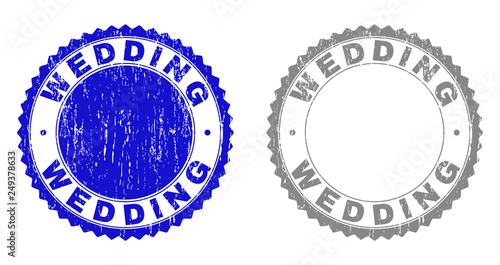 Grunge WEDDING stamp seals isolated on a white background. Rosette seals with distress texture in blue and gray colors. Vector rubber stamp imprint of WEDDING text inside round rosette.