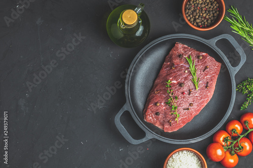 Fresh raw meat beef steak in black frying pan