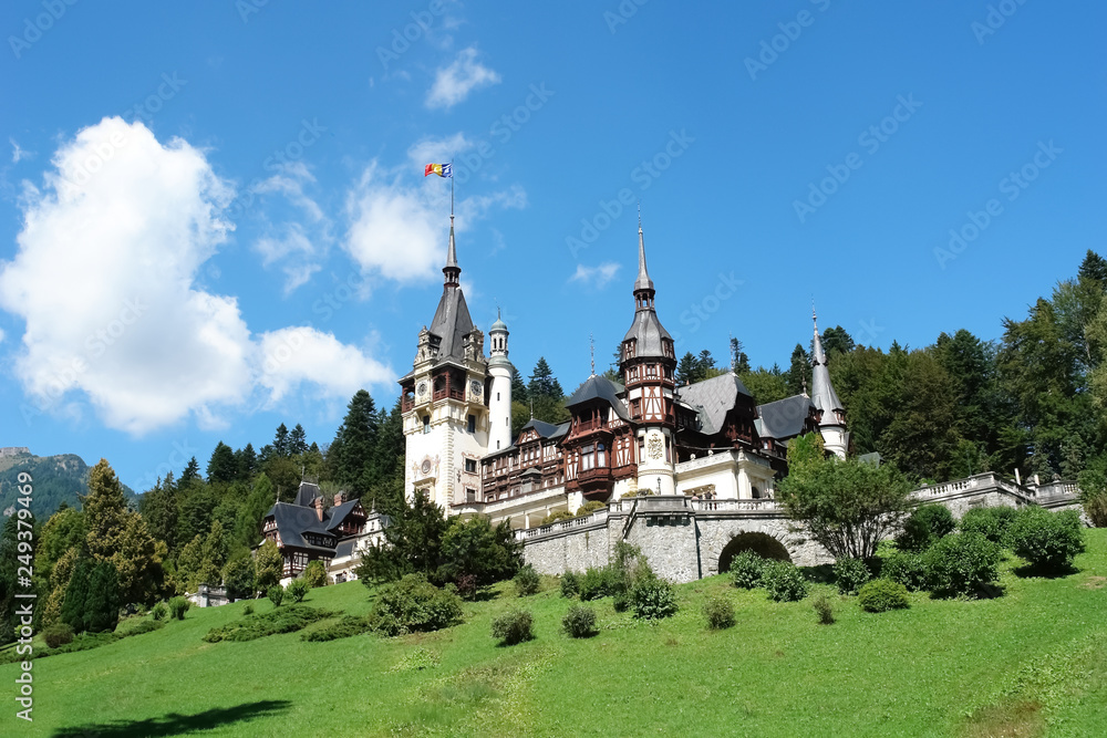 The scenic view of the Peles Royal Palace in Sinaia in summer.
