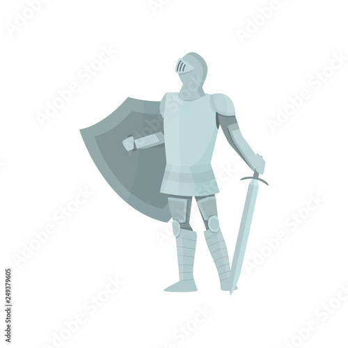 Proud figure of a knight in gray armor on a white background