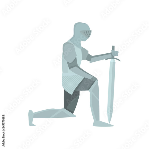 Figure of a knight in gray armor oath-giving or honoring deceased fellow on a white background