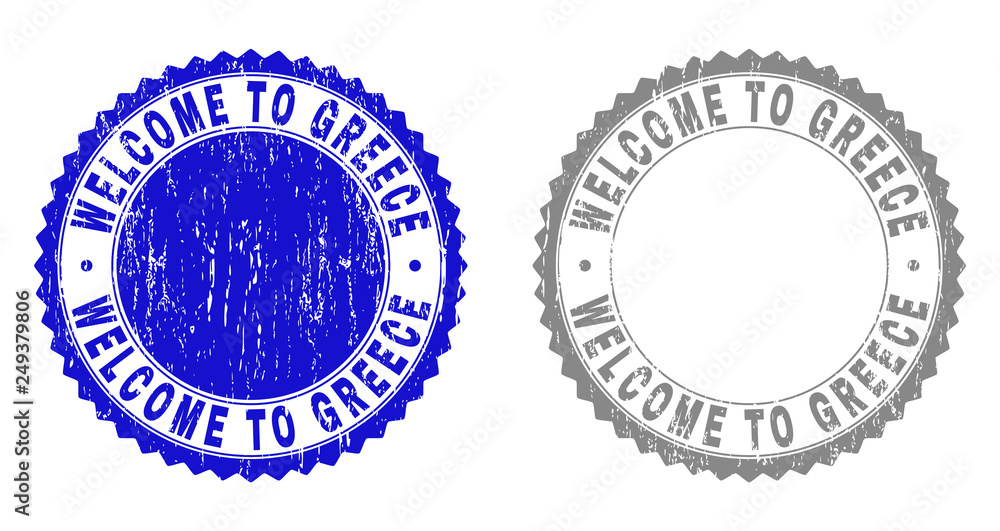 Obraz premium Grunge WELCOME TO GREECE stamp seals isolated on a white background. Rosette seals with grunge texture in blue and grey colors.