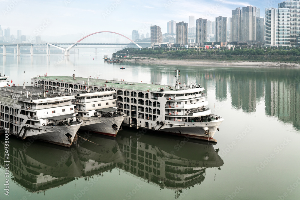 Cruise ships and skyscrapers at Chaotianmen Wharf, Chongqing, China