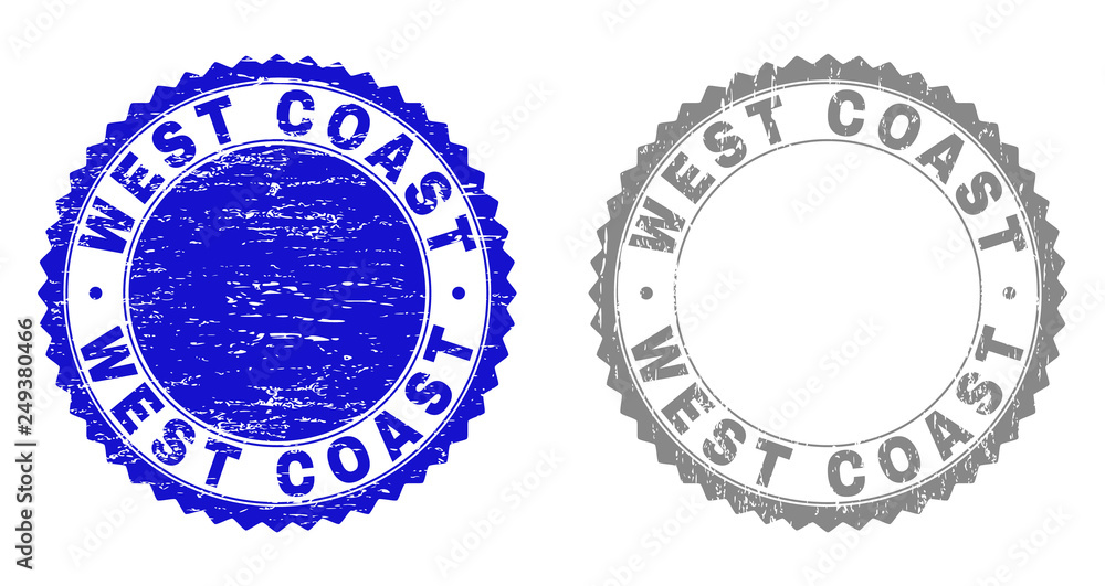 Grunge WEST COAST stamp seals isolated on a white background. Rosette seals with grunge texture in blue and gray colors. Vector rubber overlay of WEST COAST label inside round rosette. Grunge WEST COAST stamp seals isolated on a white background. Rosette seals with grunge texture in blue and gray colors. Vector rubber overlay of WEST COAST label inside round rosette.
