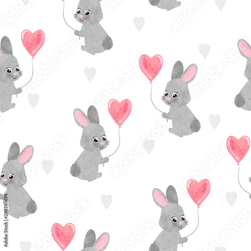 Seamless vector pattern with cute watercolor bunny and hearts. Valentines day illustration. 