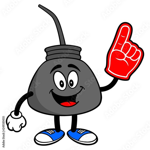 Oil Can with a Foam Finger - A vector cartoon illustration of a retro oil can mascot with a Foam Hand.