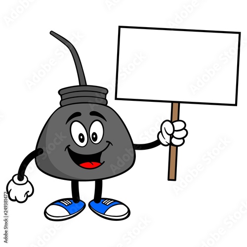 Oil Can with a Sign - A vector cartoon illustration of a retro oil can mascot holding a blank sign.