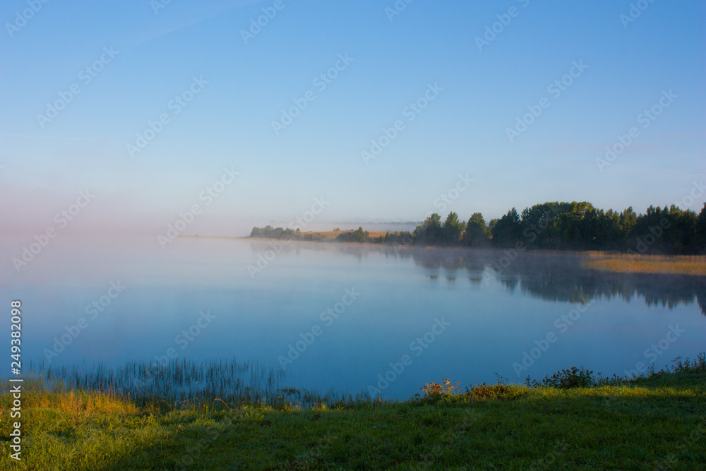 landscape with lake and clouds, рассвет летом на озере Ферапонтово туман