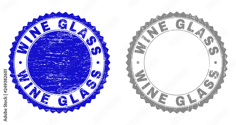 Grunge WINE GLASS stamp seals isolated on a white background. Rosette seals with grunge texture in blue and grey colors. Vector rubber stamp imitation of WINE GLASS tag inside round rosette. Grunge WINE GLASS stamp seals isolated on a white background. Rosette seals with grunge texture in blue and grey colors. Vector rubber stamp imitation of WINE GLASS tag inside round rosette.