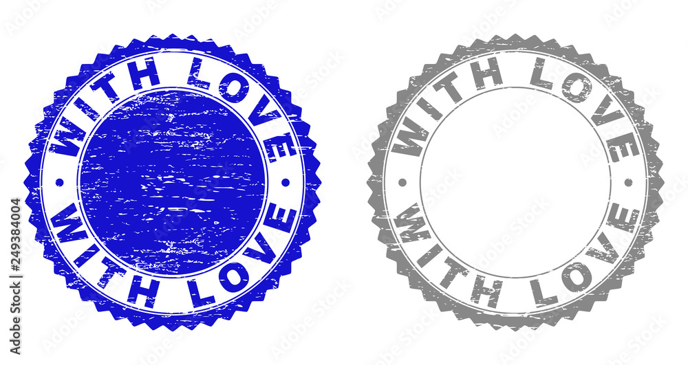 Grunge WITH LOVE stamp seals isolated on a white background. Rosette seals with grunge texture in blue and gray colors. Vector rubber watermark of WITH LOVE title inside round rosette. Grunge WITH LOVE stamp seals isolated on a white background. Rosette seals with grunge texture in blue and gray colors. Vector rubber watermark of WITH LOVE title inside round rosette.