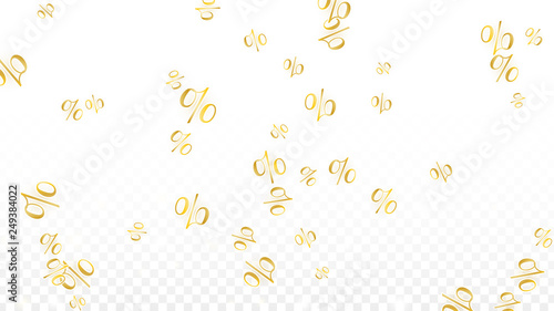 Luxury Vector Gold Percentage Sign Confetti on Transparent. Percent Sale Background. Business, Economics Print. Discount Illustration. Promotion Poster. Black Friday Banner. Special offer Template.