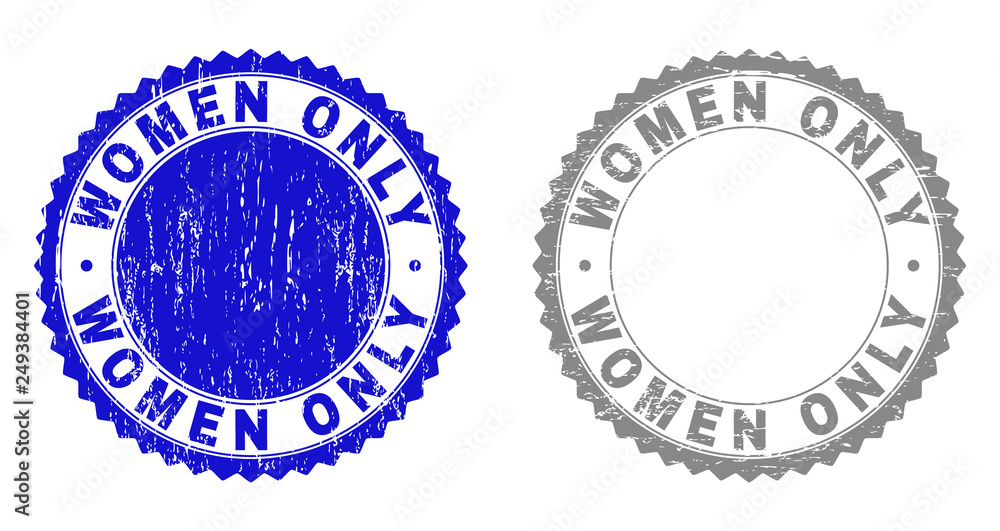Grunge WOMEN ONLY stamp seals isolated on a white background. Rosette seals with distress texture in blue and grey colors. Vector rubber stamp imprint of WOMEN ONLY title inside round rosette.