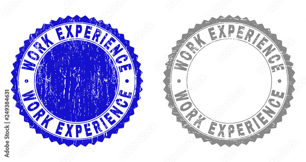 Grunge WORK EXPERIENCE watermarks isolated on a white background. Rosette seals with grunge texture in blue and grey colors. Vector rubber stamp imitation of WORK EXPERIENCE tag inside round rosette.