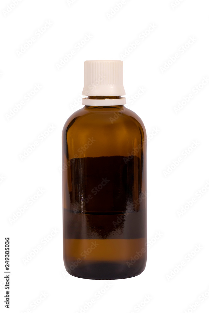 Brown glass bottle with medicine, on white background, isolated