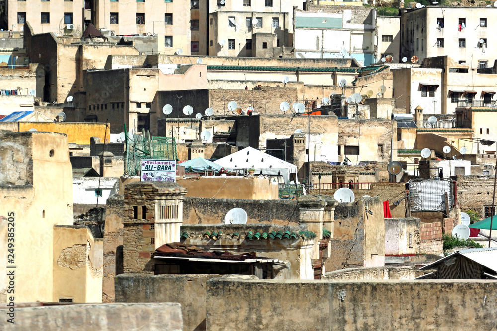 Satellite dishes on rooftops from homes in Morocco