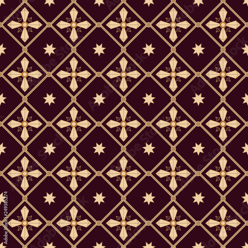 Obraz na plátně Seamless pattern Golden crosses and stars in diamonds. Vector
