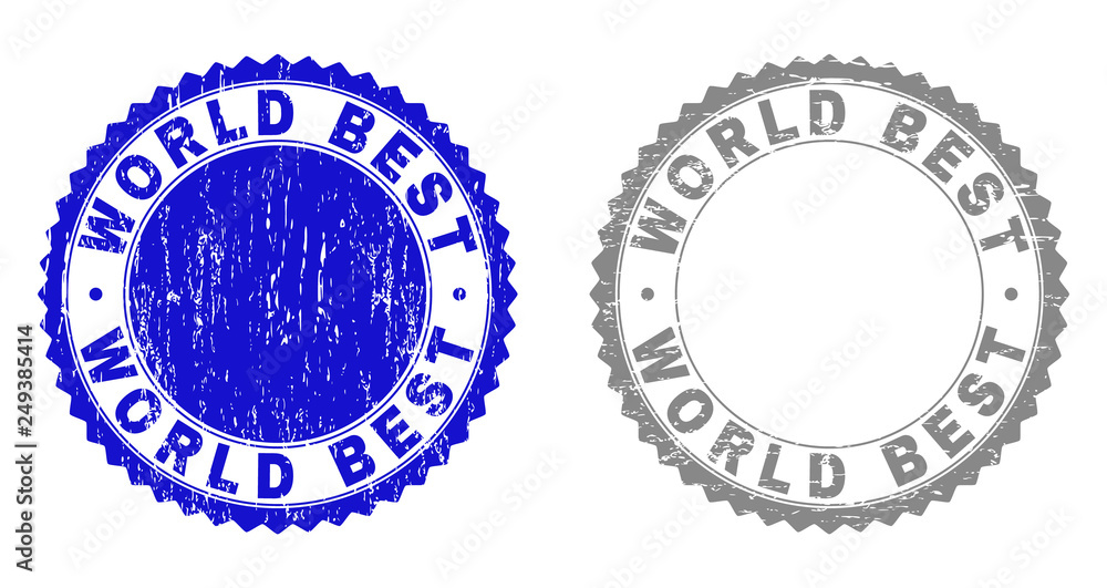 Grunge WORLD BEST stamp seals isolated on a white background. Rosette seals with grunge texture in blue and grey colors. Vector rubber stamp imitation of WORLD BEST text inside round rosette. Grunge WORLD BEST stamp seals isolated on a white background. Rosette seals with grunge texture in blue and grey colors. Vector rubber stamp imitation of WORLD BEST text inside round rosette.