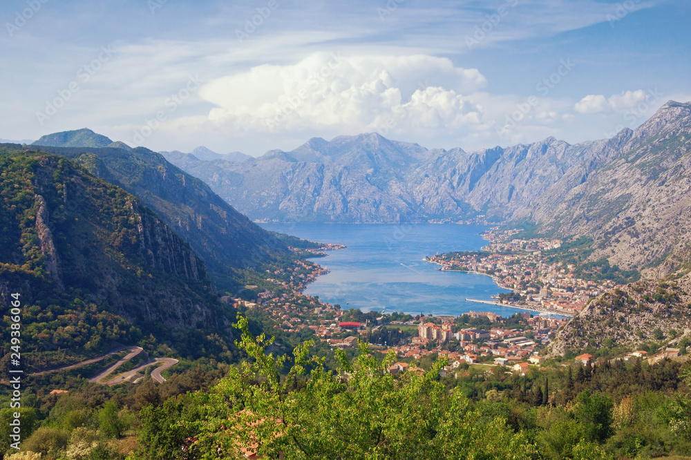 Fototapeta premium Beautiful view of Gulf of Kotor and Kotor city on sunny spring day. Montenegro