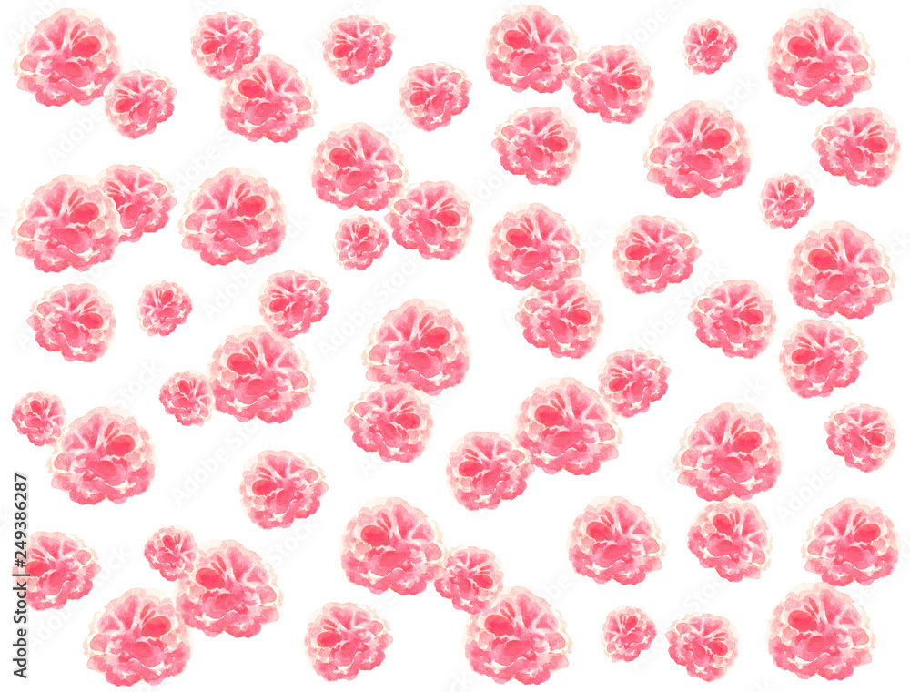 Horizontal subdued dusty background of repeating chaotically light pink lush watercolor flowers on a white background. Horizontal subdued dusty background of repeating chaotically light pink lush watercolor flowers on a white background.