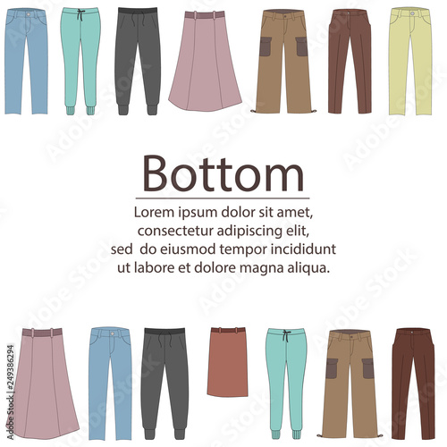 Colorful frame with bottom in cartoon style. Spring and autumn collection of fashion man and women clothing. Color vector background with text