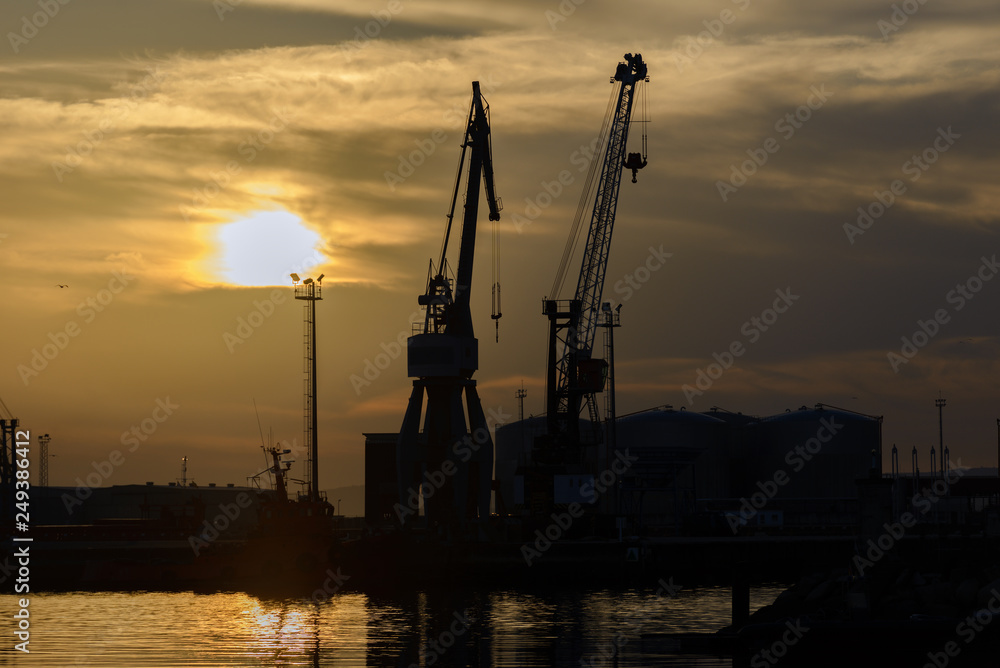 harbor cranes at sunset