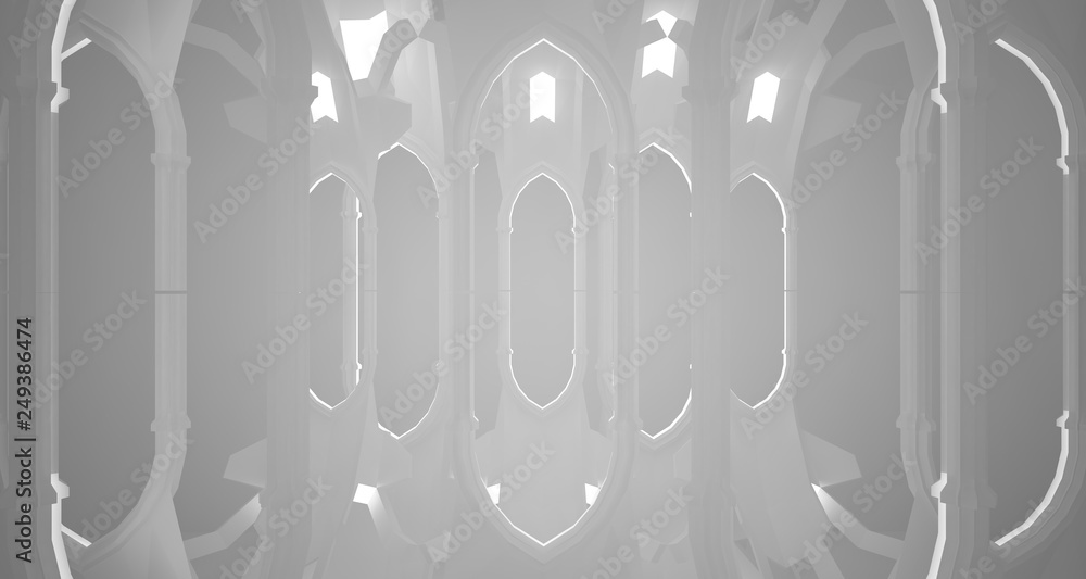 Abstract gothic white interior with neon lighting. 3D illustration and rendering. Abstract gothic white interior with neon lighting. 3D illustration and rendering.