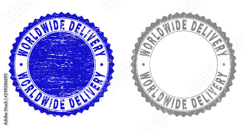 Grunge WORLDWIDE DELIVERY stamp seals isolated on a white background. Rosette seals with grunge texture in blue and grey colors.